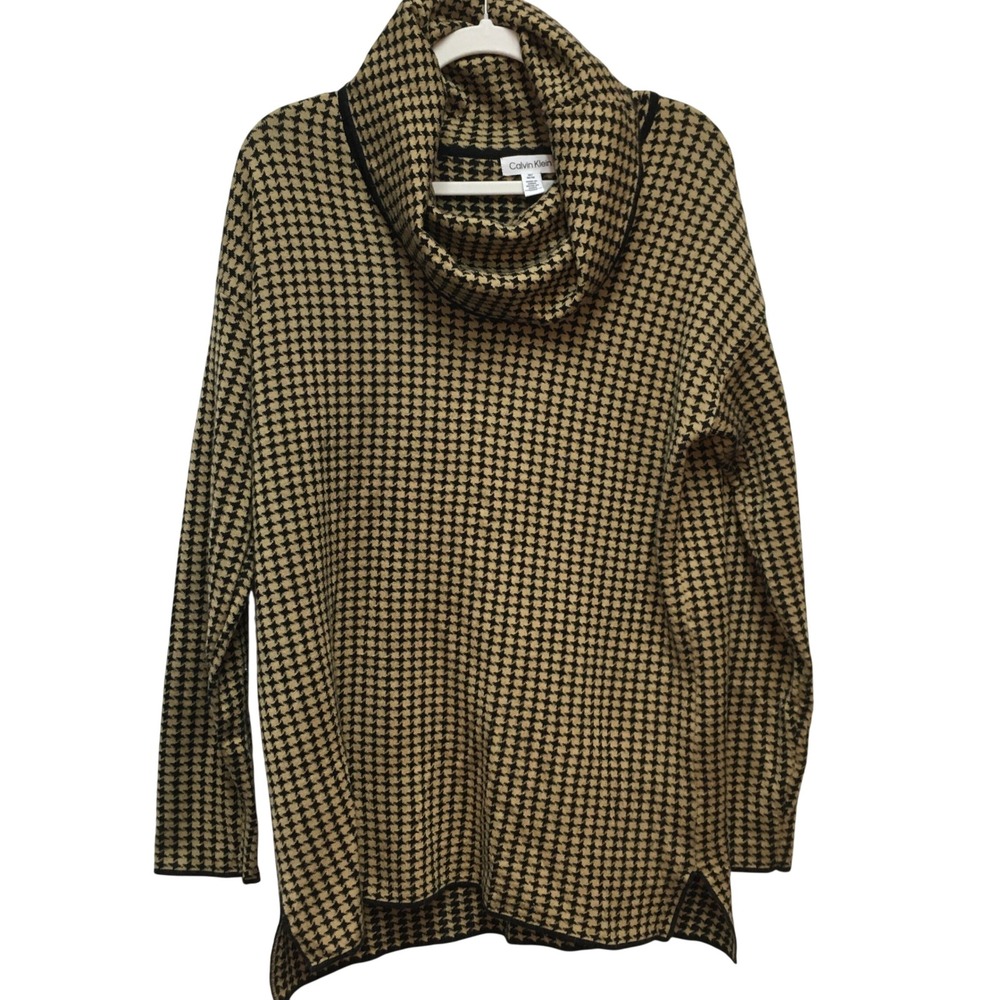 Calvin Klein Houndstooth Cowl Neck Sweater Women's Medium Tan Dark Academia